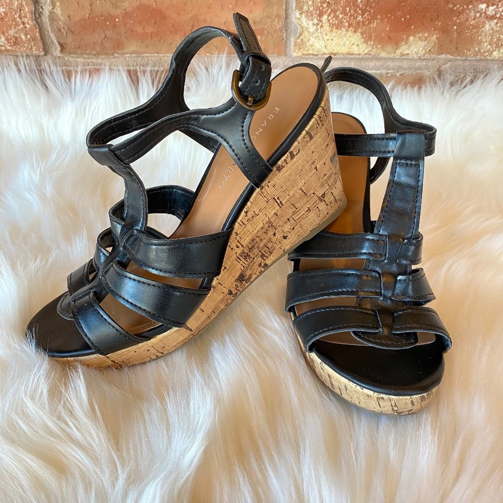 FRANCO SARTO Sandals T-Strap Peep Toe “Mary Beth” Black Leather Cork Wedge 9.5 - Picture 1 of 6